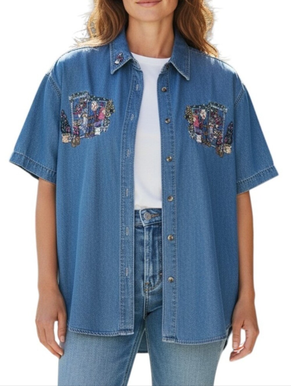 Bobbie Brooks Embroidered Garden Flower Denim Button Down Shirt